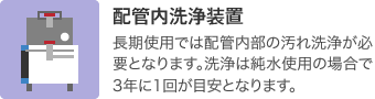 配管内洗浄装置：長期使用では配管内部の汚れ洗浄が必要となります。洗浄は純水使用の場合で3年に1回が目安となります。